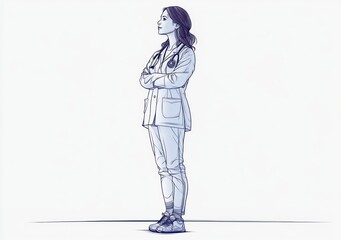 Illustration of a confident female doctor standing with arms crossed wearing a lab coat and stethoscope, looking upward thoughtfully against a white background