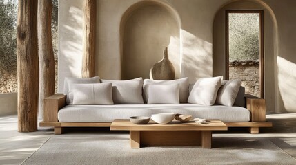 Minimalist sofa with oak wooden base and light fabric cushions in airy modern interior