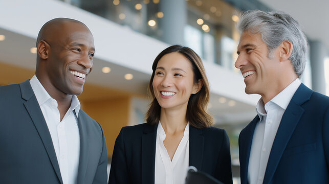Happy multiethnic business team discussing in modern office lobby