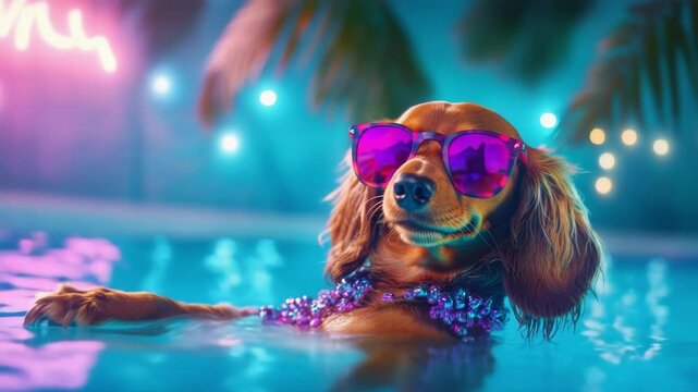 Brown dog wearing sunglasses swimming in a pool with neon lights and palms. Summer pet vacation or holiday concept for card.
