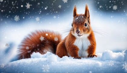 Charming Red Squirrel Frolicking in a Winter Wonderland, Bursting with Snowflakes in a Snowy Landscape, Illuminating the Enchanting Scene with a Playful Mood.