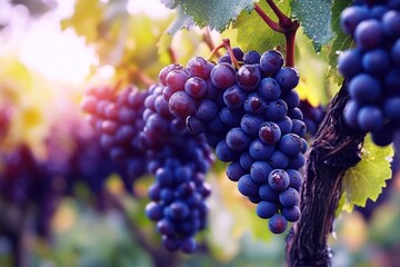 Close-up of ripe purple grape clusters hanging on vine branches with green leaves in soft sunlight