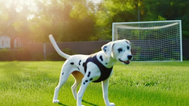 Dalmatian puppy dog smiling with mouth open looking at camera on grassy field near blurred soccer goal. Happy pet animal concept for playful outdoor activities.