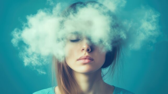 Young woman hiding her eyes behind a cloud of smoke representing mystery