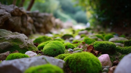 Soft green moss covers stones in a serene woodland path during early morning light
