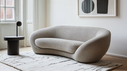 Rounded arm minimalist sofa in pastel gray tone sitting on fine white rug