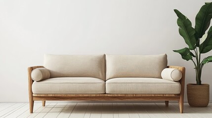 Scandinavian-style minimalist sofa in warm neutral color on clean wooden floor