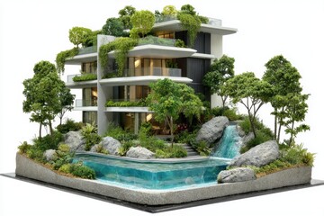 Modern house with lush greenery and pool
