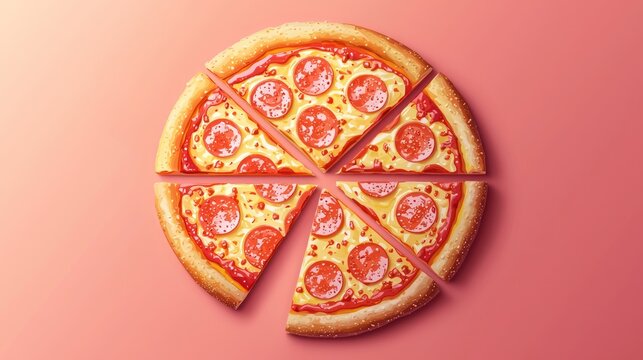 Sliced pepperoni pizza on pink background, food photography, overhead view, for menu or advertisement
