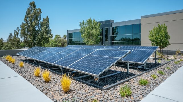 Tilted solar panels installed on a metal frame over a concrete surface