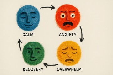 A diagram of colorful faces illustrates the emotional cycle from calm to anxiety, overwhelm and recovery in a visual therapeutic concept.