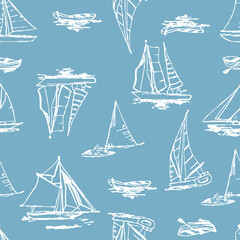 This vector seamless pattern features white sketch-style sailboats floating across a serene blue backdrop. Ideal for nautical-themed projects, kids’ apparel, coastal home decor