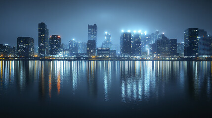 Naklejka premium stunning Detroit skyline illuminated at night reflects beautifully on water