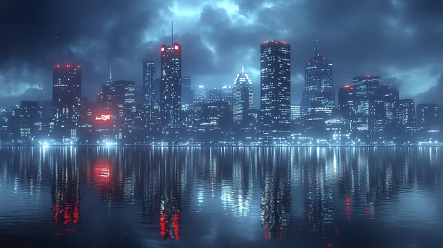 stunning Detroit skyline illuminated at night with reflections on water