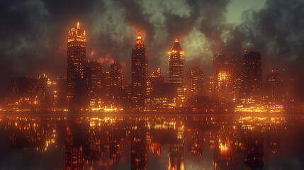 Fototapeta premium stunning skyline of city illuminated night, reflecting water, creates captivating atmosphere