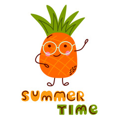 Funny cartoon pineapple with glasses. Summer Time text. Design for kids, tropical themes, greeting cards, prints, or summer decorations