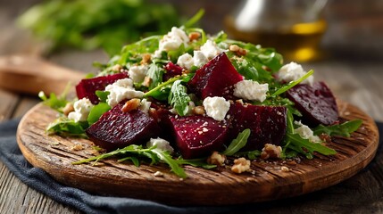 Roasted Beet Salad with Arugula, Feta, and Walnuts on Wooden Platter