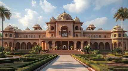 Naklejka premium large historic sandstone building with domes and arches surrounded by manicured symmetrical gardens and palm trees under blue sky with clouds