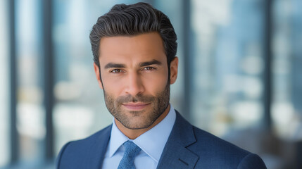Fototapeta premium Confident Middle Eastern businessman in tailored suit in modern office