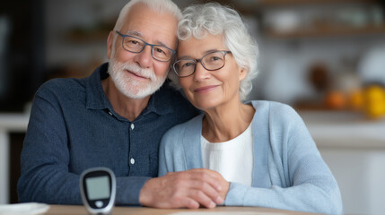 Senior couple discussing diabetes health concerns at kitchen table