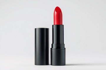 Red lipstick and its cap on white