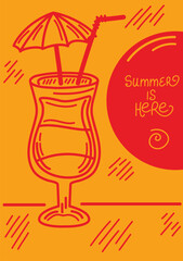 Tropical cocktail with umbrella and straw. Minimal line art print. Bright red and orange summer design. Summer is Here. For posters, cards, or seasonal decor.