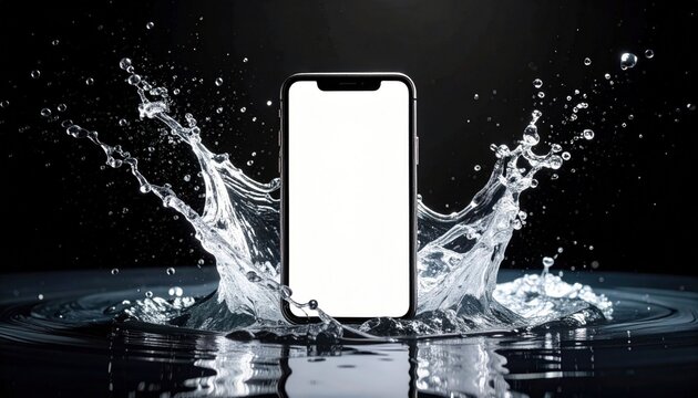 Smartphone In Splash Of Water On Dark Background