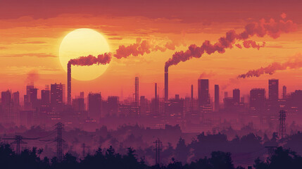 Fototapeta premium vibrant urban skyline sunset, with factory smokestacks emitting pollution, creating dramatic