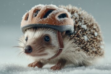 A quirky hedgehog in spiked biking helmet racing through snow on solid white background, speedy and cute, frosty competition scene.
