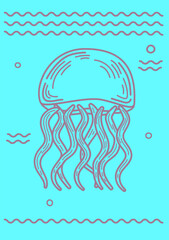 Minimal jellyfish line art on blue background. Simple and modern marine design. For summer cards, kids prints, beach-themed decor, or ocean projects