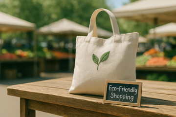 Reusable canvas tote bag on market stall with blurred farmers' market at noon