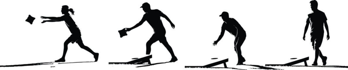 Silhouette of People Playing Cornhole Outdoors – Fun Backyard Bean Bag Toss Game, Recreational Activity, Team Competition, Summer Leisure Sport for Friends and FamilyPrint