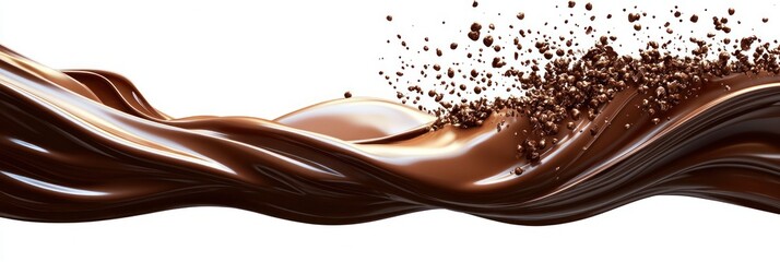 Smooth flowing dark and milk chocolate swirl with sprinkled chocolate chunks creating a dynamic splash effect on a white background