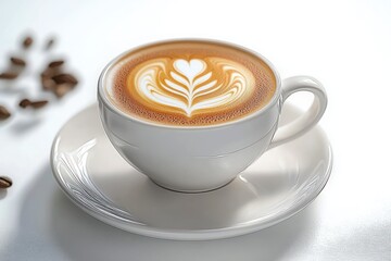 Close-up of a white cup with coffee latte art on a matching saucer with scattered coffee beans on a white surface, evoking warmth and calm