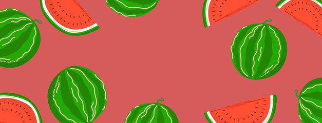 Minimalistic watermelon illustration with whole watermelons and slices on red background for banners, posters, invitations, and seasonal designs