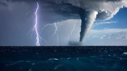 Tornado touching down over open ocean with lightning strikes during a severe thunderstorm forming waves on the water. - Powered by Adobe
