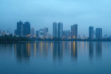 Naklejka premium Calm city skyline during early morning or evening with tall buildings reflected in still water under a cloudy blue sky