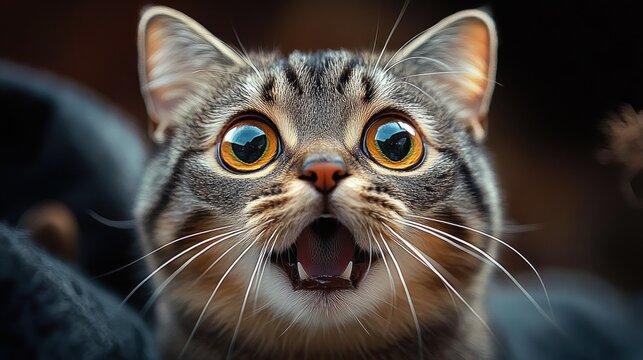 Close-up of a surprised tabby cat with wide open yellow eyes and mouth slightly open showing teeth and whiskers - Powered by Adobe