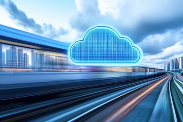 Fototapeta premium Cloud computing technology illustrated with a speeding train on urban tracks under a dynamic sky