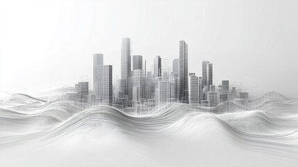 Fototapeta premium Futuristic city skyline with wavy terrain and wireframe design, showcasing modern architecture