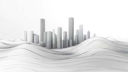 Fototapeta premium Futuristic city skyline with wavy terrain and wireframe design, evoking sense of innovation