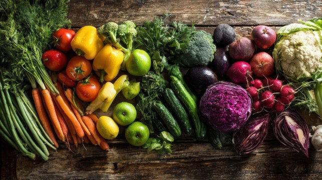 A beautiful still life of a bountiful harvest, with a variety of fresh vegetables on a wooden background.