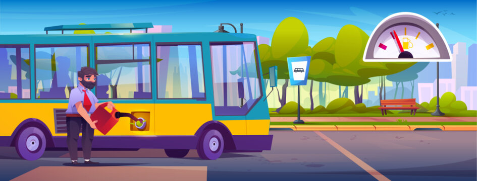 Fototapeta Bus driver fills empty vehicle with fuel from red canister at stop - bearded man in uniform carries canister to tank of public transport for city routes. Urban station with gauge meter, bench, trees