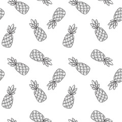 Hand-drawn outline pineapples black and white seamless pattern. Simple fruit sketch style on white background for fabric, wrapping paper, and decor