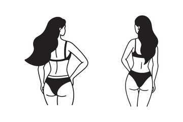 Stylized Black and White Bikini Illustration Featuring Women from Rear and Side Angles