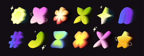 Vibrant y2k gradient icons with soft aura glow on black. Heart and flower, star, hashtag and abstract shapes in neon colors. Nostalgic digital elements for retro futuristic design aesthetics.