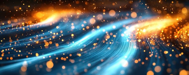 Fototapeta premium Abstract glowing particles and flowing light streaks in vibrant blue and orange colors creating a dynamic and magical visual effect