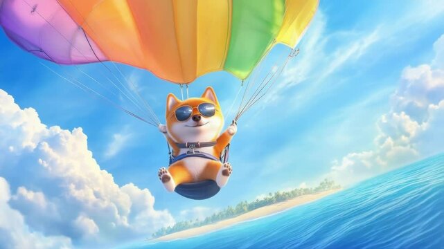 Cute cartoon dog parasailing over a tropical beach on a sunny day. Happy shiba inu puppy on vacation flying with colorful parachute above the ocean. Summer adventure and holiday fun concept.