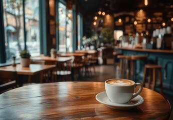 Fototapeta premium Cup of coffee with latte art on a wooden table in a cozy, warmly lit cafe interior with empty tables and chairs in the background