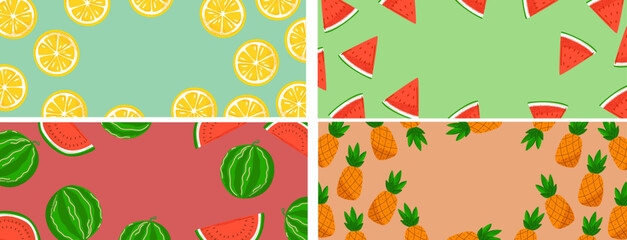 Set of summer fruit backgrounds with lemon, watermelon, and pineapple. Summer vibe. Bright, colorful summer patterns for banners, flyers, or digital design projects
